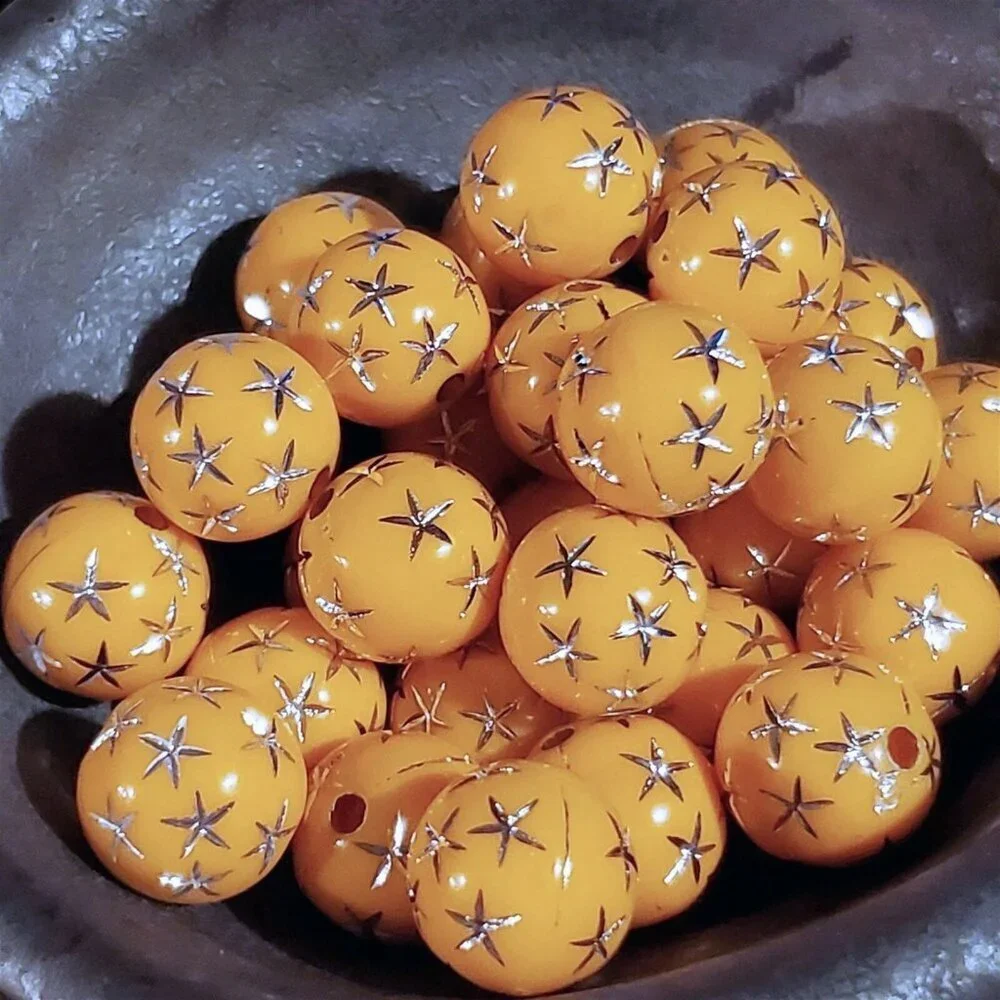 Vintage Retro Orange Silver Stars 12mm Round Acrylic Shabby Chic Beads 10 pcs